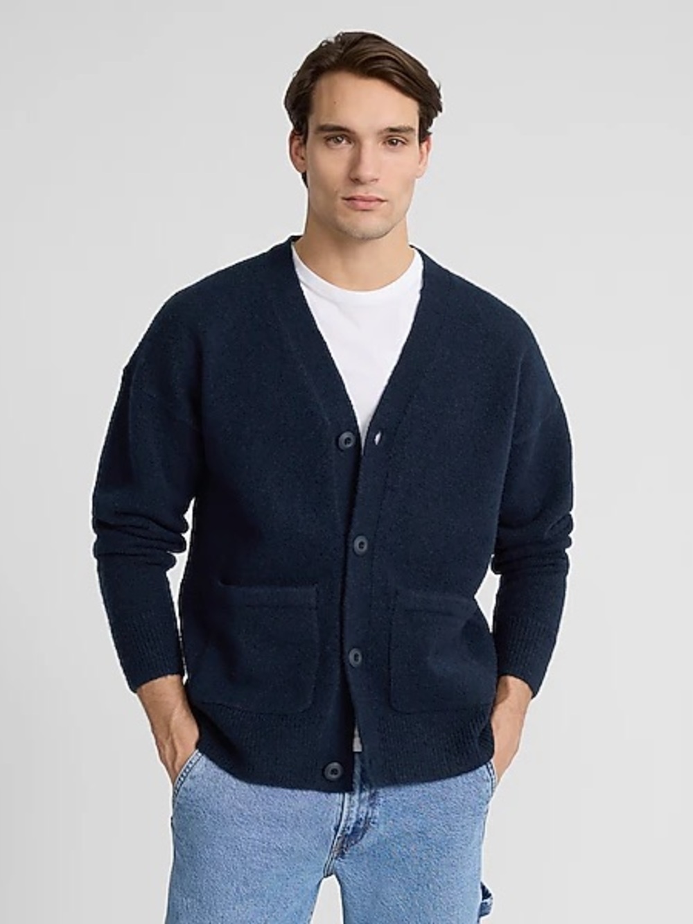 Express Men’s Wool Blend Button-Up Cardigan Sweater | Dark Navy